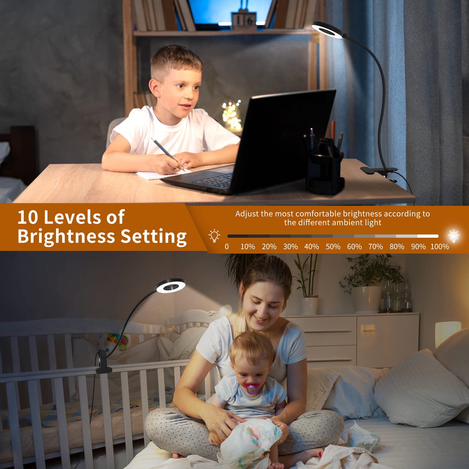 iZELL Desk Lamp, LED Reading Light with Clamp, 3 Color Modes & 10 Brightness Silicone Flexible Arm Book Light for Kids Reading Book in Bed at Night Clip on Table, Zoom Meetings - 15.8'' Black
