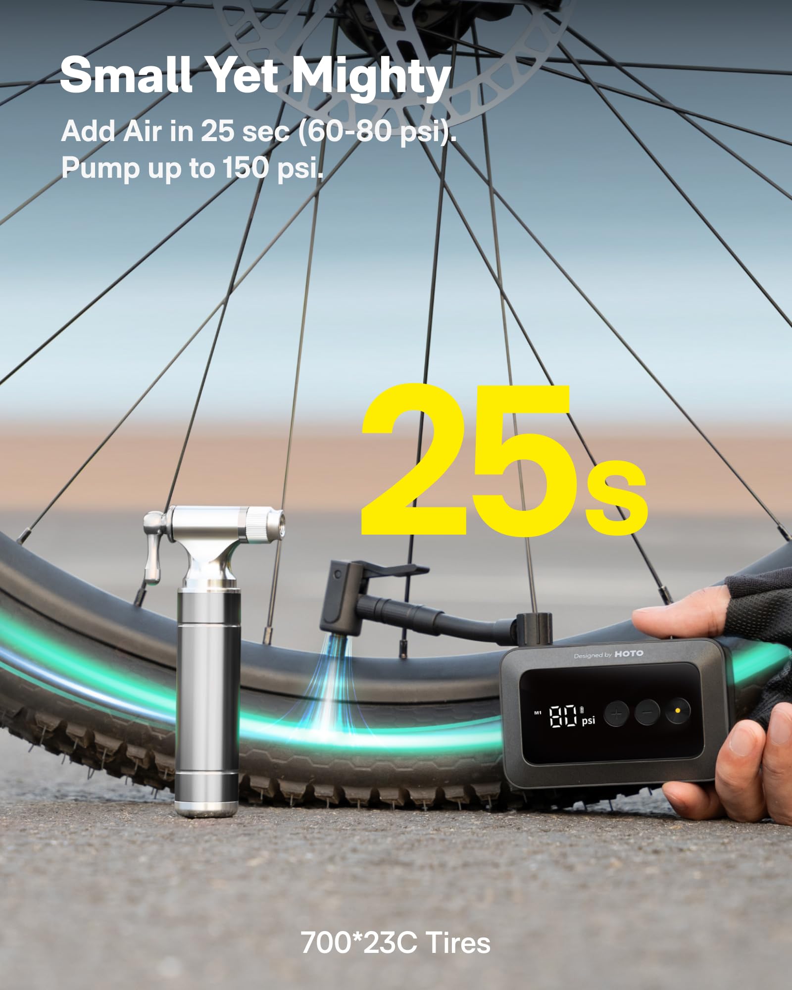 HOTO Electric Bike Pump, 150PSI Fast Inflate with Pressure Gauge, Mini Portable Bicycle Tire Inflator with Schrader & Presta Valve, for E-Bike, Road, Mountain, City and Fat Bikes, Motorcycle, BMX