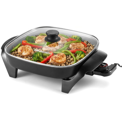 Elite Gourmet 12"x12"x2.15” Ceralast PFAS Free Ceramic Electric Skillet, Dishwasher Safe, Rapid Heat Up, 1200W, Dark Grey
