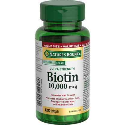 NATURE'S BOUNTY Biotin, Ultra Strength, 10,000 mcg, Promotes Hair Growth, Thicker Healthier Nails, Stronger Thicker Hair & Healthier Skin, Helps Metabolize Nutrients, Softgels, 55.4 g - Available at All In One Marketplace Canada