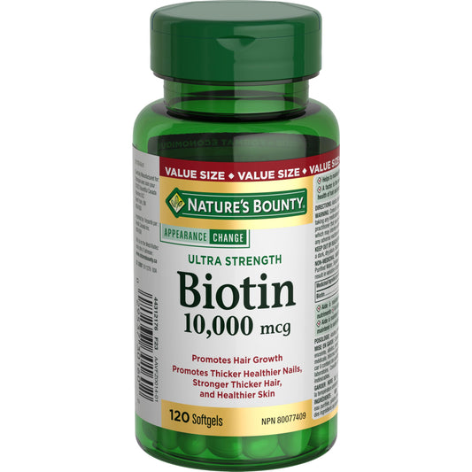 NATURE'S BOUNTY Biotin, Ultra Strength, 10,000 mcg, Promotes Hair Growth, Thicker Healthier Nails, Stronger Thicker Hair & Healthier Skin, Helps Metabolize Nutrients, Softgels, 55.4 g - Available at All In One Marketplace Canada