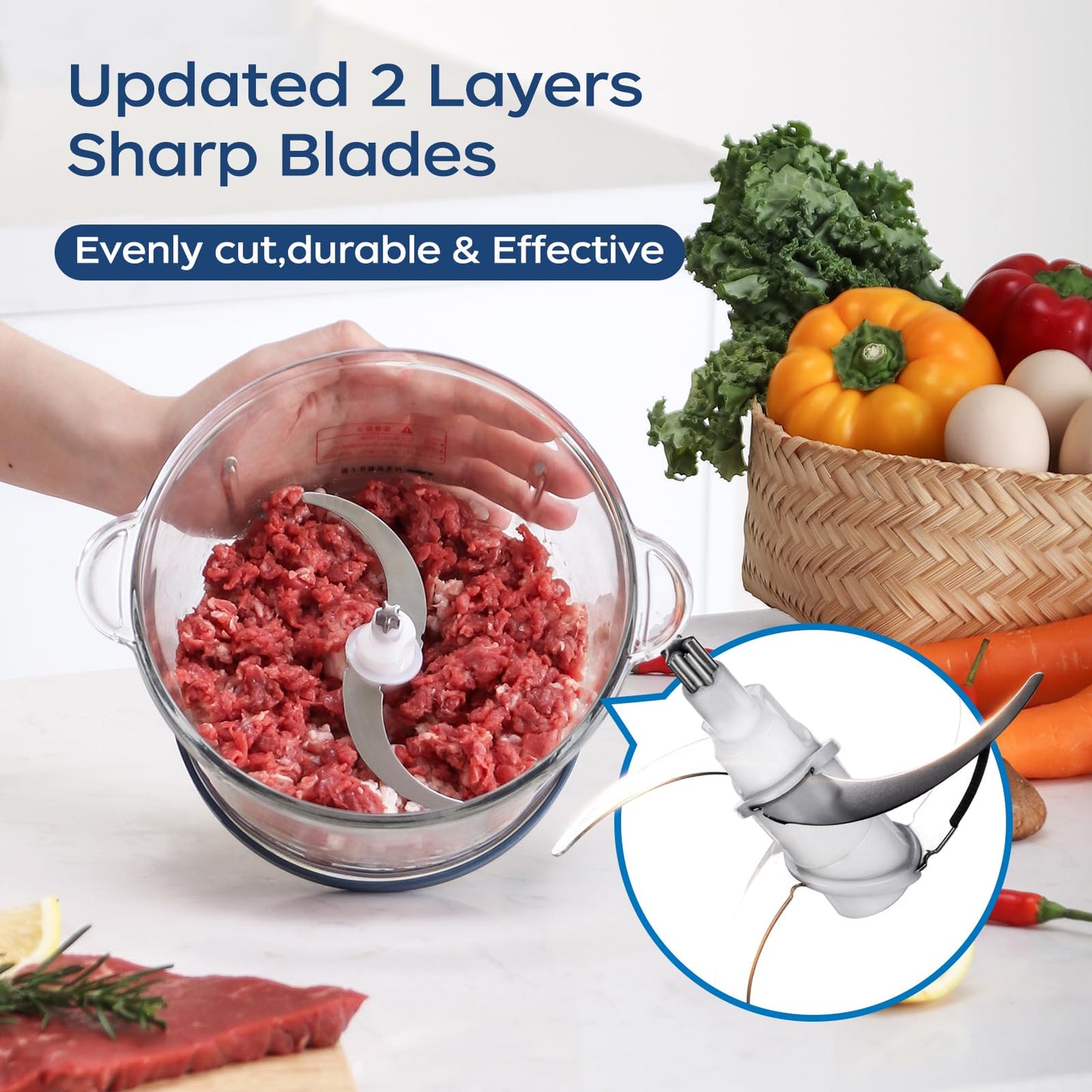 La Reveuse Food Processor,Electric Food Chopper with 7-Cup (1.7L) Glass Bowl, 4 Bi-Level Blades for Chopping,Grinding,Mincing,Whisking,Meal Prep,300W,Blue - Available at All In One Marketplace Canada