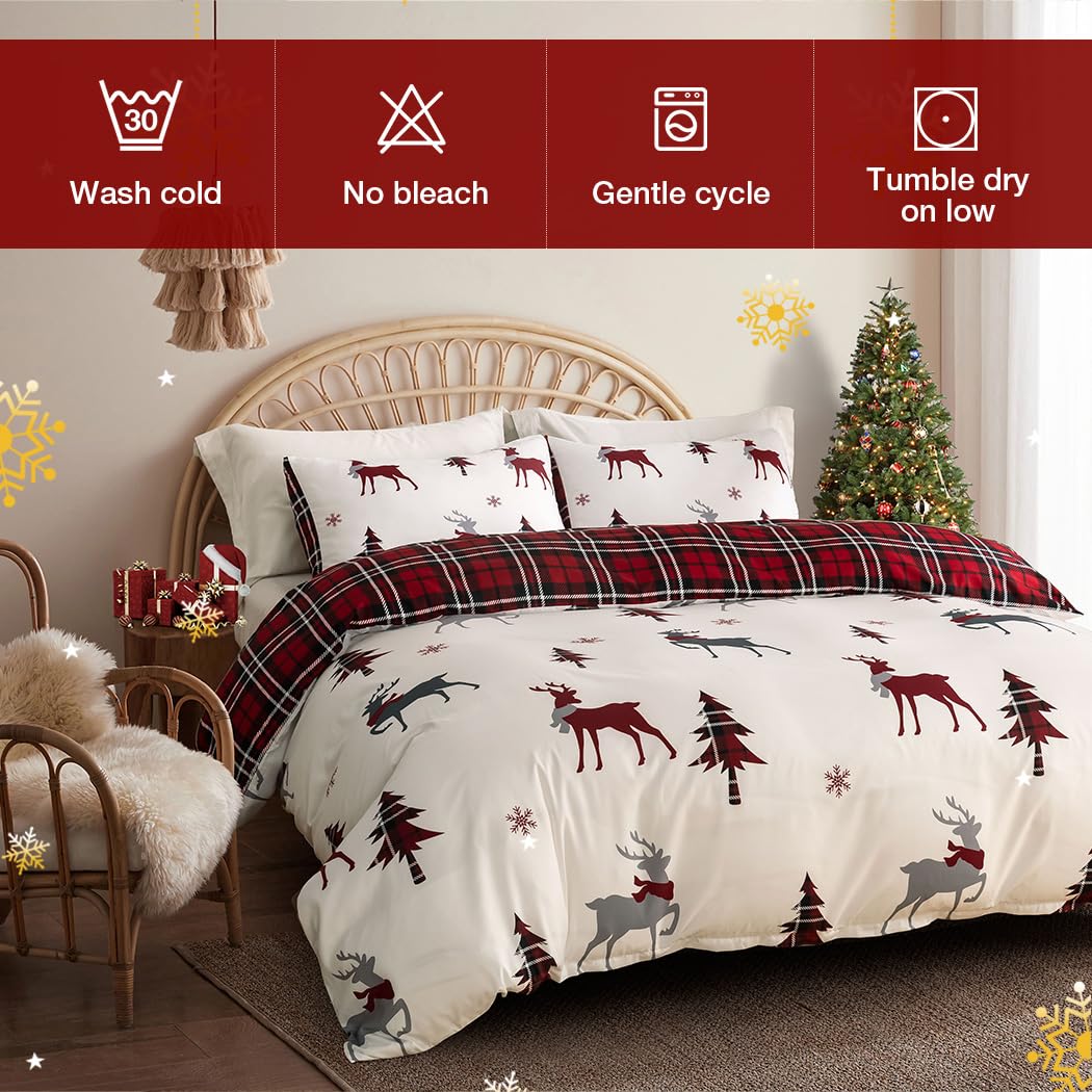 Conworld Christmas Duvet Cover Queen Size Set, Soft Reversible Red Plaid Reindeer Snowflake Printed Holiday Bedding Set with Zipper Closure, Corner Ties, 2 Pillowcases, 1 Duvet Cover 90x90 inches 🍁 All In One Marketplace Canada