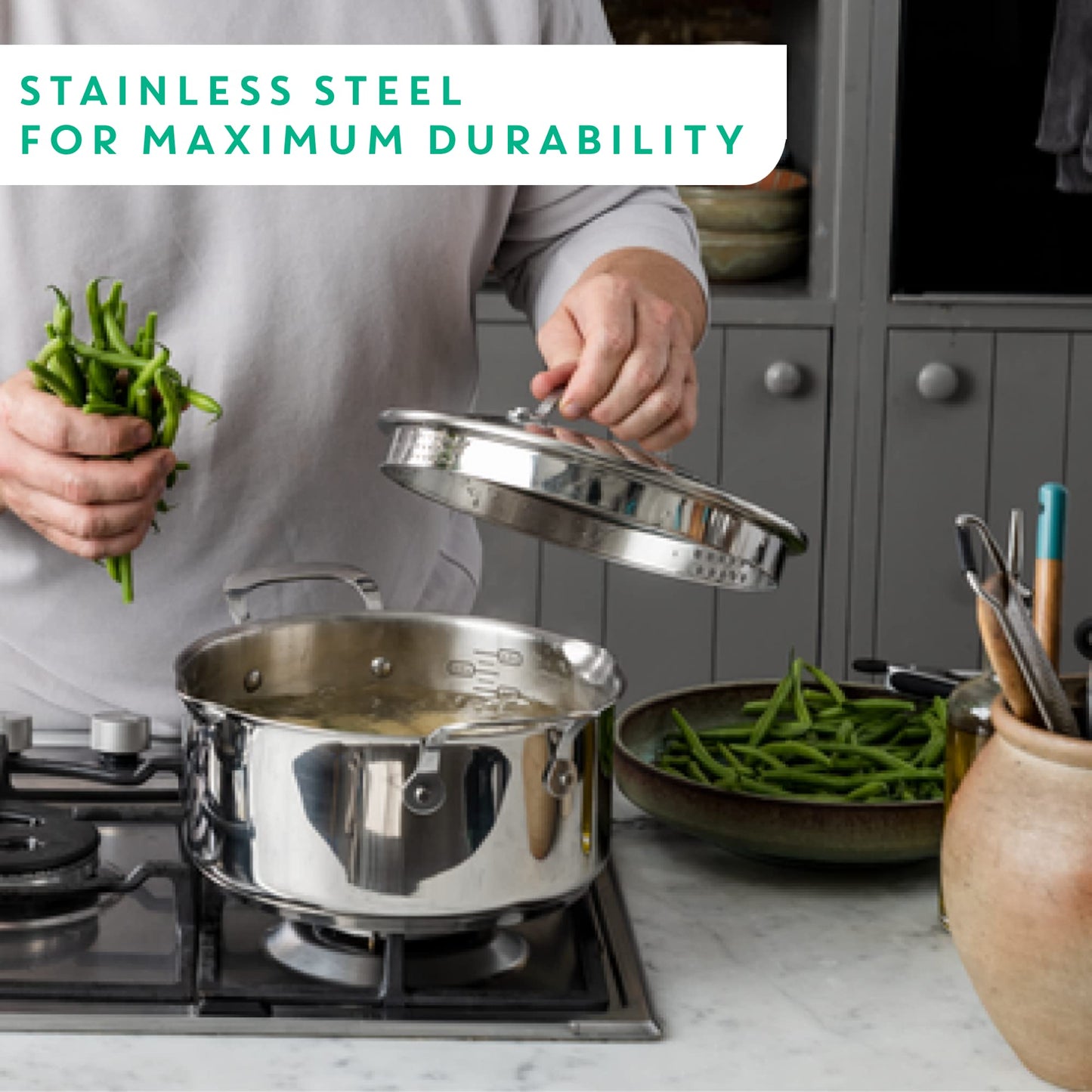 Jamie Oliver by Tefal Nonstick Coated Stainless Steel Pan 11-Inch, Induction Compatible, Oven Safe up to 500°F, Chef's Stainless Steel Skillet, Non Stick Frying Pans, Silver T-Fal
