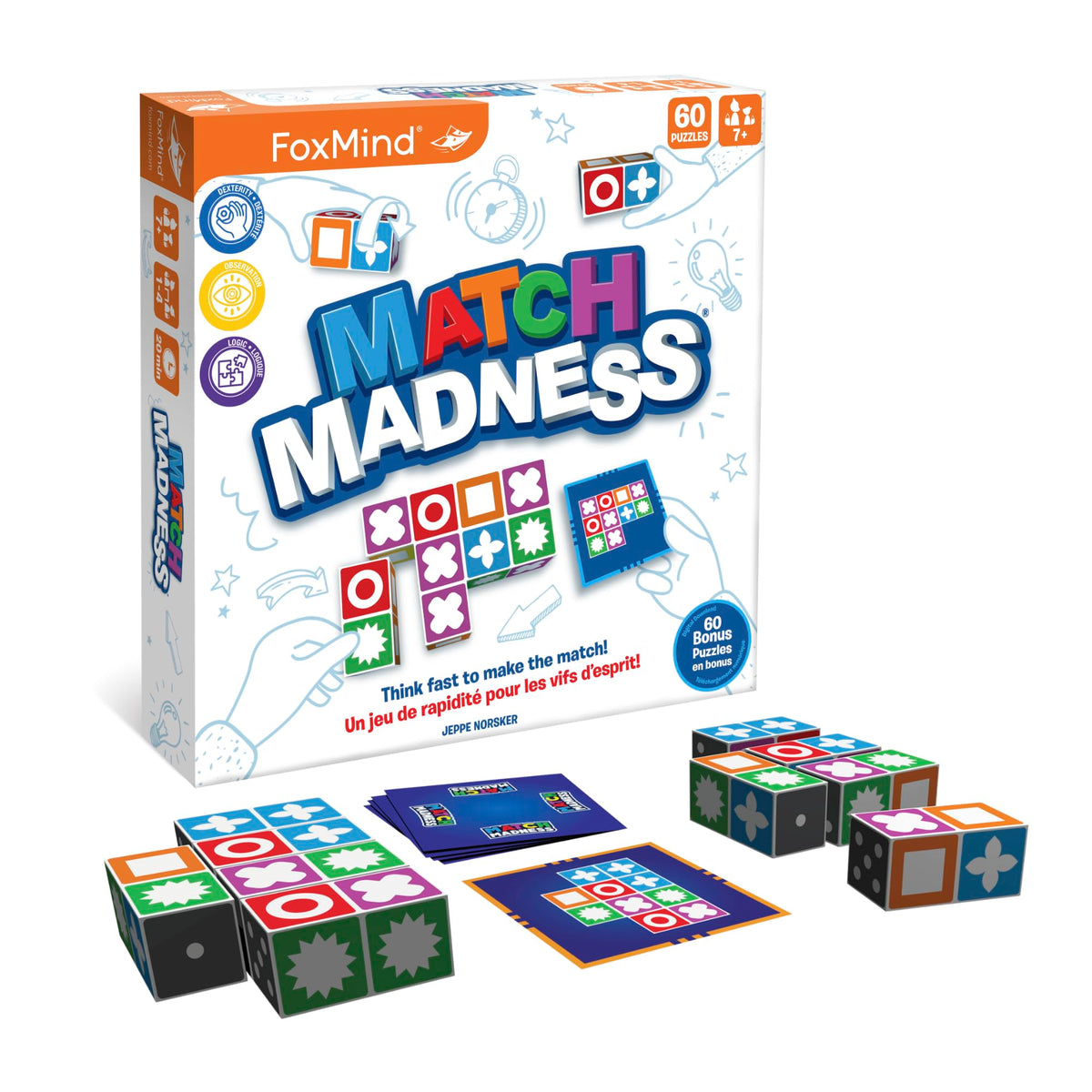 FoxMind Games: Match Madness, Family Board Games for Kids Ages 7 and up, Teens, and Adults. Pattern Block Matching Board Game, Puzzle Game Think Fast to Make The Match, 1 to 4 Players