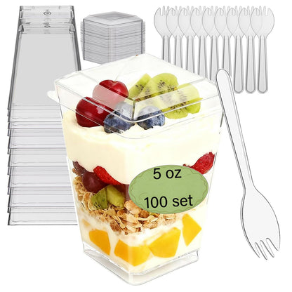 Toowood 100pcs Clear Dessert Cups with Lids and Spoons, 5.4oz Mini Dessert Cups Reusable Square Parfait Cup for Party Appertizer, Christmas 🍁 All In One Marketplace Canada