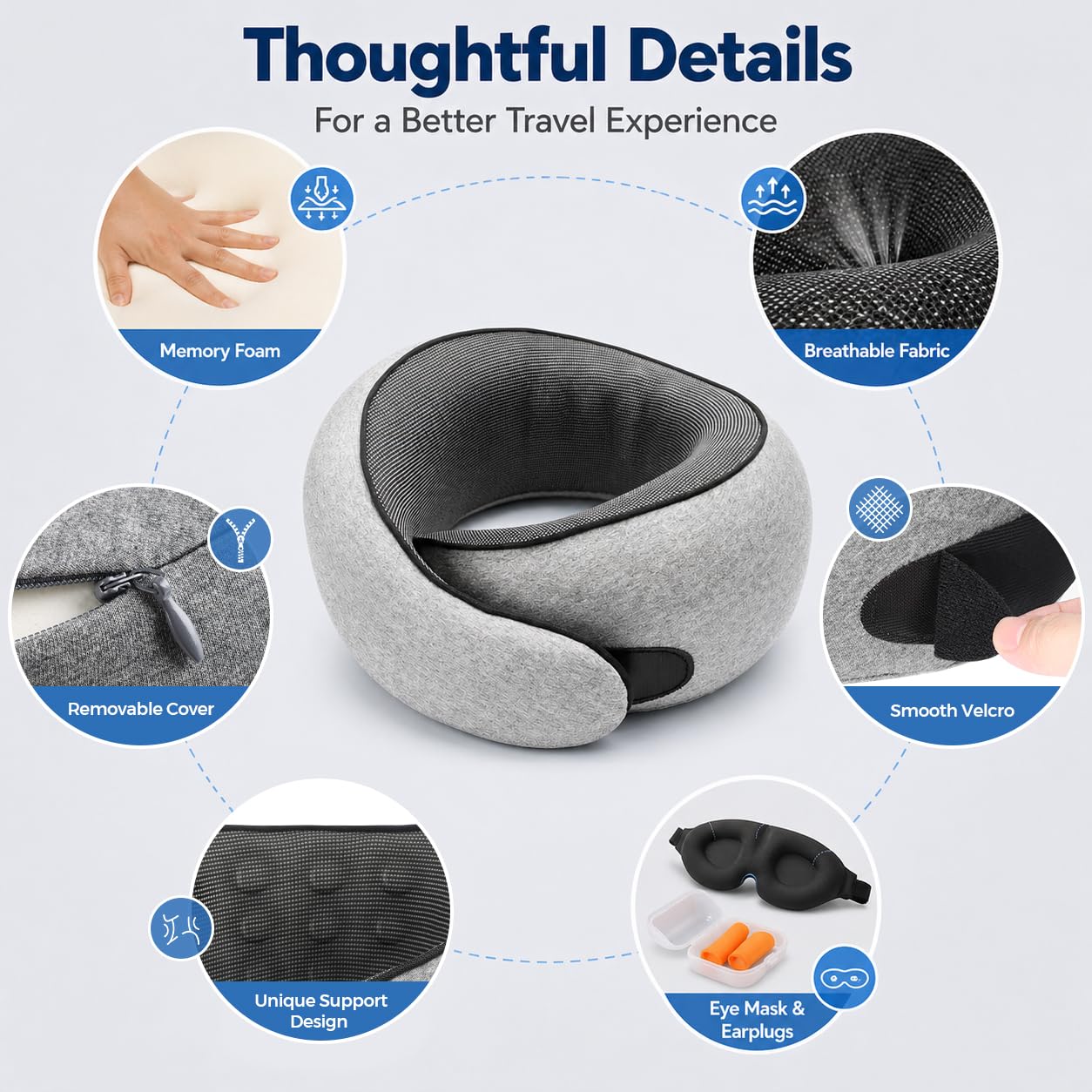 Purroch Neck Pillow Airplane, Travel Pillow with Eye Mask & Earplugs, Memory Foam Pillow with Adjustable Velcro Strap, Pillows for Travel, Plane, Car, Home, Work, Light Grey - Available at All In One Marketplace Canada