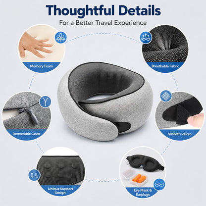 Purroch Neck Pillow Airplane, Travel Pillow with Eye Mask & Earplugs, Memory Foam Pillow with Adjustable Velcro Strap, Pillows for Travel, Plane, Car, Home, Work, Light Grey - Available at All In One Marketplace Canada