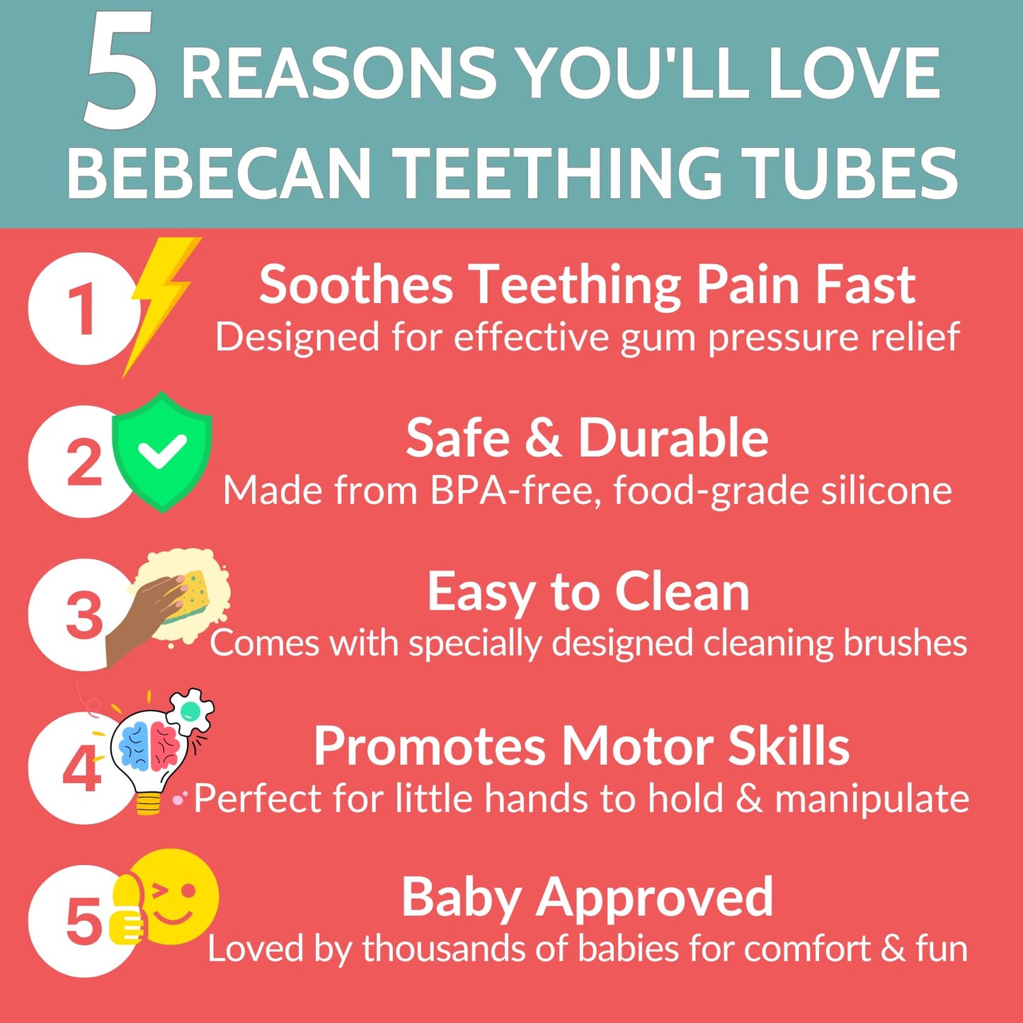 BEBECAN Teething Toys for Babies, Baby Teething Relief, 6 Vibrant Colors, Super Soft Silicone Jouet Dentition Bebe, Perfect Baby Gifts Baby Boy Gifts