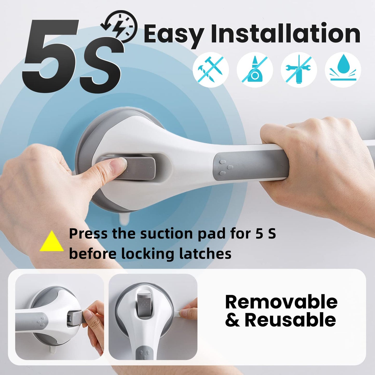 TAILI Shower Suction Cup Grab Bar Bathtubs Handrails for Seniors Elderly, No Drilling Waterproof, Grey, 2 Pack, 16 Inch - Available at All In One Marketplace Canada