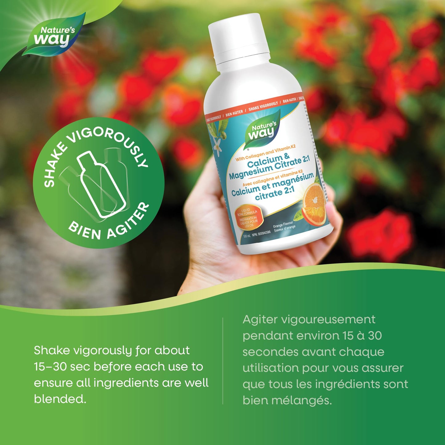 Nature's Way Calcium and Magnesium Citrate 2:1 - Liquid Supplement with Vitamin D3, Vitamin K2 and Collagen – Helps Support the Maintenance of Bones and Teeth – Orange Flavour, 500 mL Nature's Way