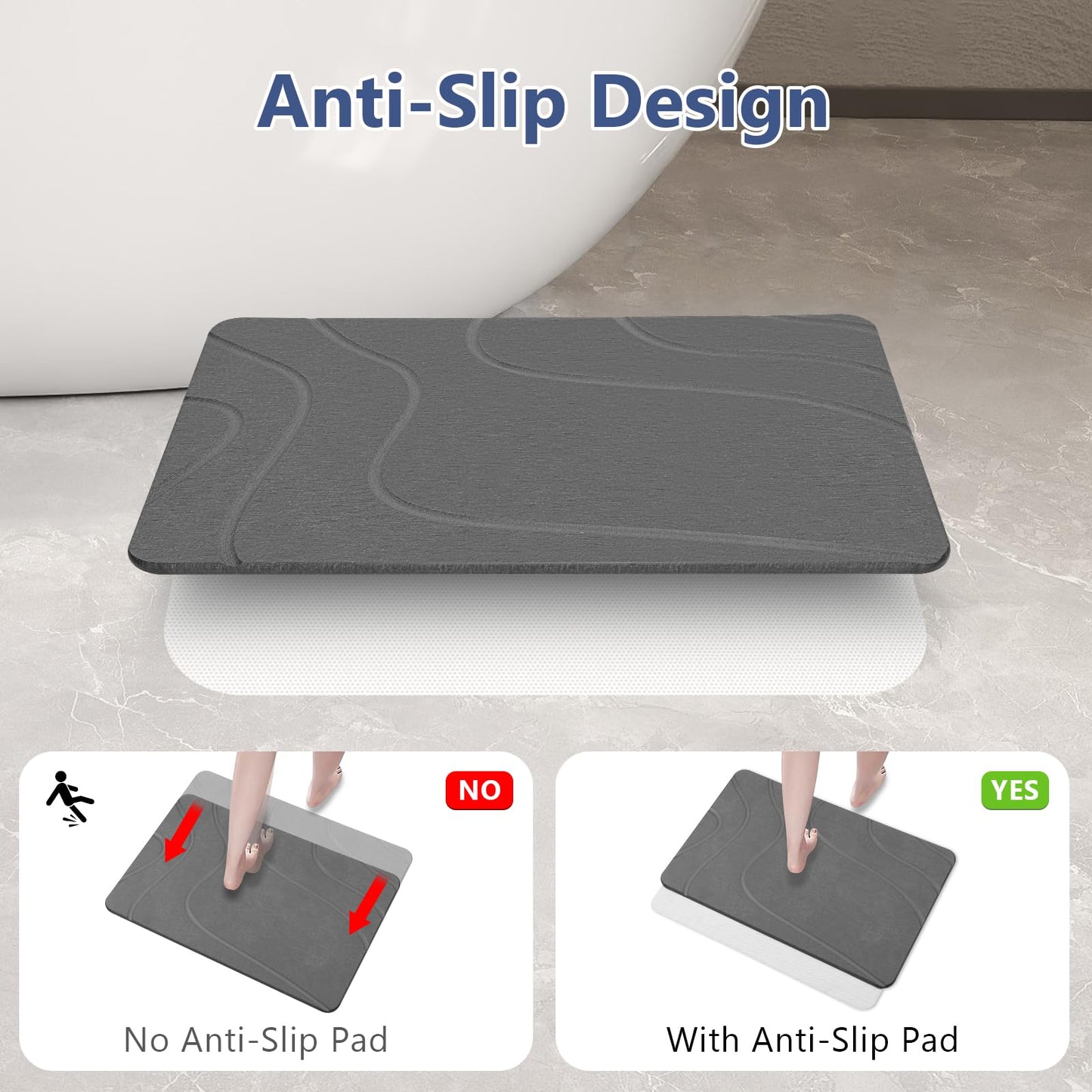 Ceecysaa Stone Bath Mat, Non-Slip Diatomaceous Earth Shower Mat, Quick Drying Bath Mat Stone, Super Absorbent Diatomite Bath Mats for Bathroom Kitchen, Easy to Clean, 60 x 39cm, Dark Gray - Available at All In One Marketplace Canada