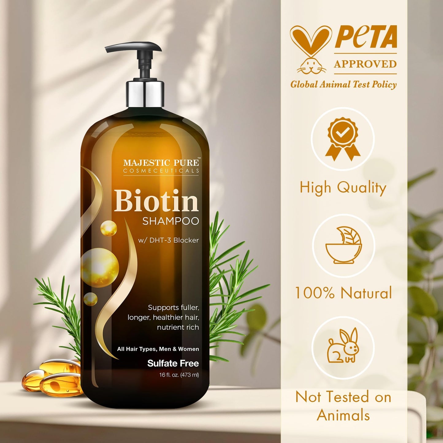 Majestic Pure Biotin Shampoo - Volumizing Shampoo for Hair Loss - with DHT-3 Blocker - Hydrating & Nourishing - Sulfate Free, for Men & Women - Thin Hair Shampoo - 16 fl oz - Available at All In One Marketplace Canada