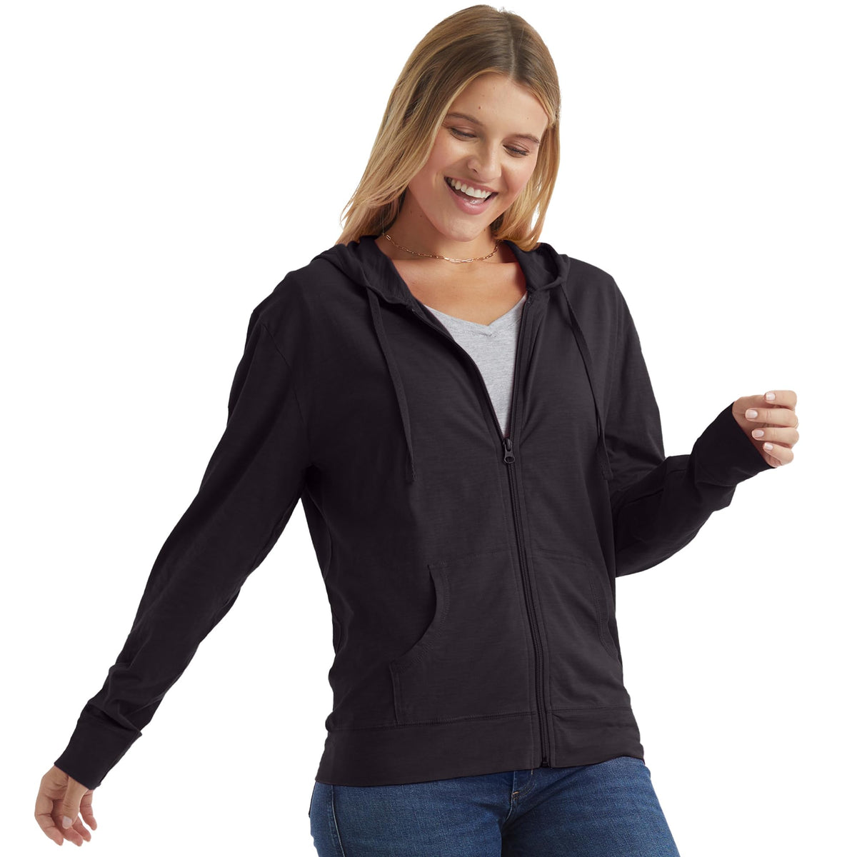 Hanes Women's Jersey Full Zip Hoodie, Black, X-Large