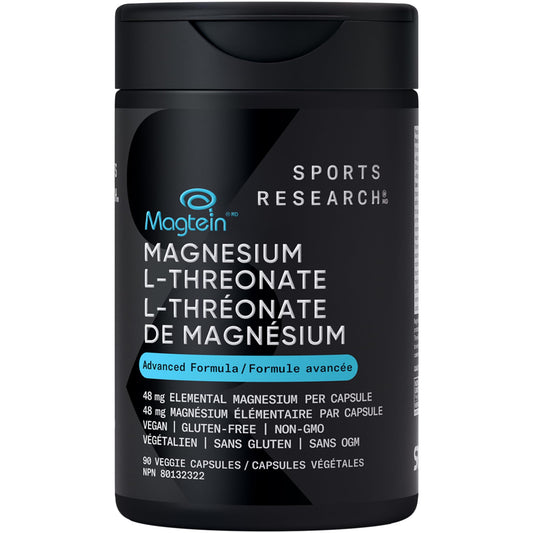 Sports Research® Magtein Magnesium L-Threonate Capsules - Magnesium Supplement for Memory, Focus & Cognition - 144mg Elemental Magnesium per Dose - Supports Sleep & Mood, 90 Capsules for Adults - Available at All In One Marketplace Canada