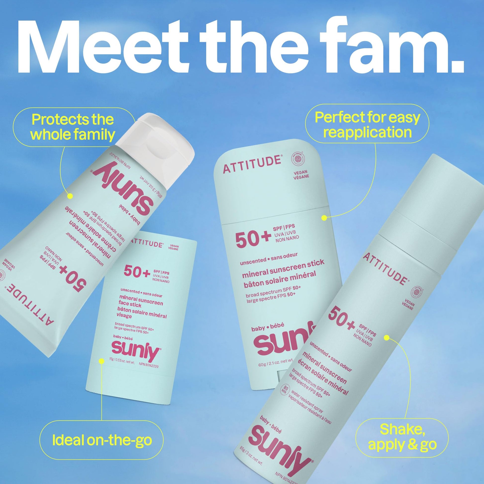 ATTITUDE Baby Mineral Sunscreen Stick SPF 50, Broad Spectrum Zinc Oxide, EWG Verified, Non-Nano, Mess-Free Stick for Face & Body, Lightweight Non-Greasy, Vegan, Unscented, 60 grams - Available at All In One Marketplace Canada