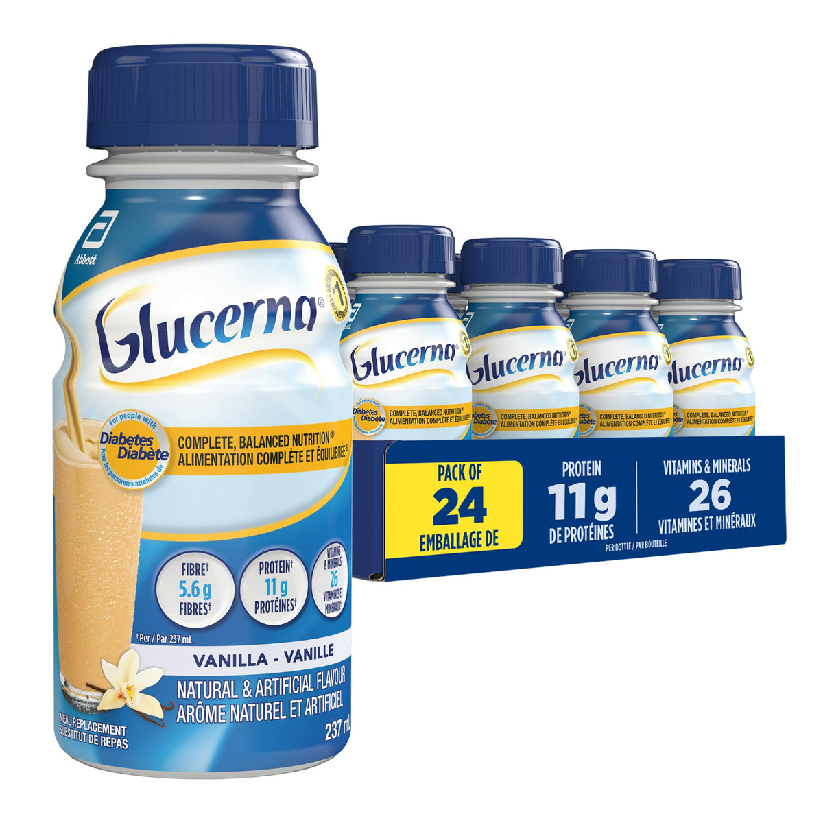 Glucerna Nutritional Drink, Meal Replacement Shakes, Complete, Balanced Nutrition For People With Diabetes, Vanilla, 24 x 237-mL Bottles