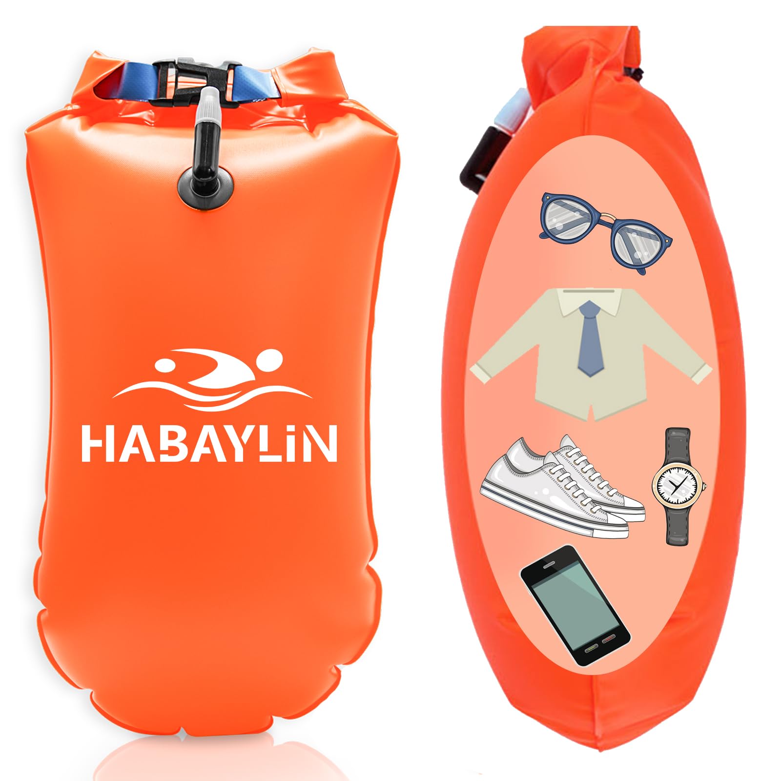 20L Swim Buoy, Swim Buoy with Storage for Kids and Adults, Waterproof Inflatable Dry Bag Swim Safety Float for Water Sports, Open Water Swimmers, Triathletes, Kayakers and Snorkelers, Orange