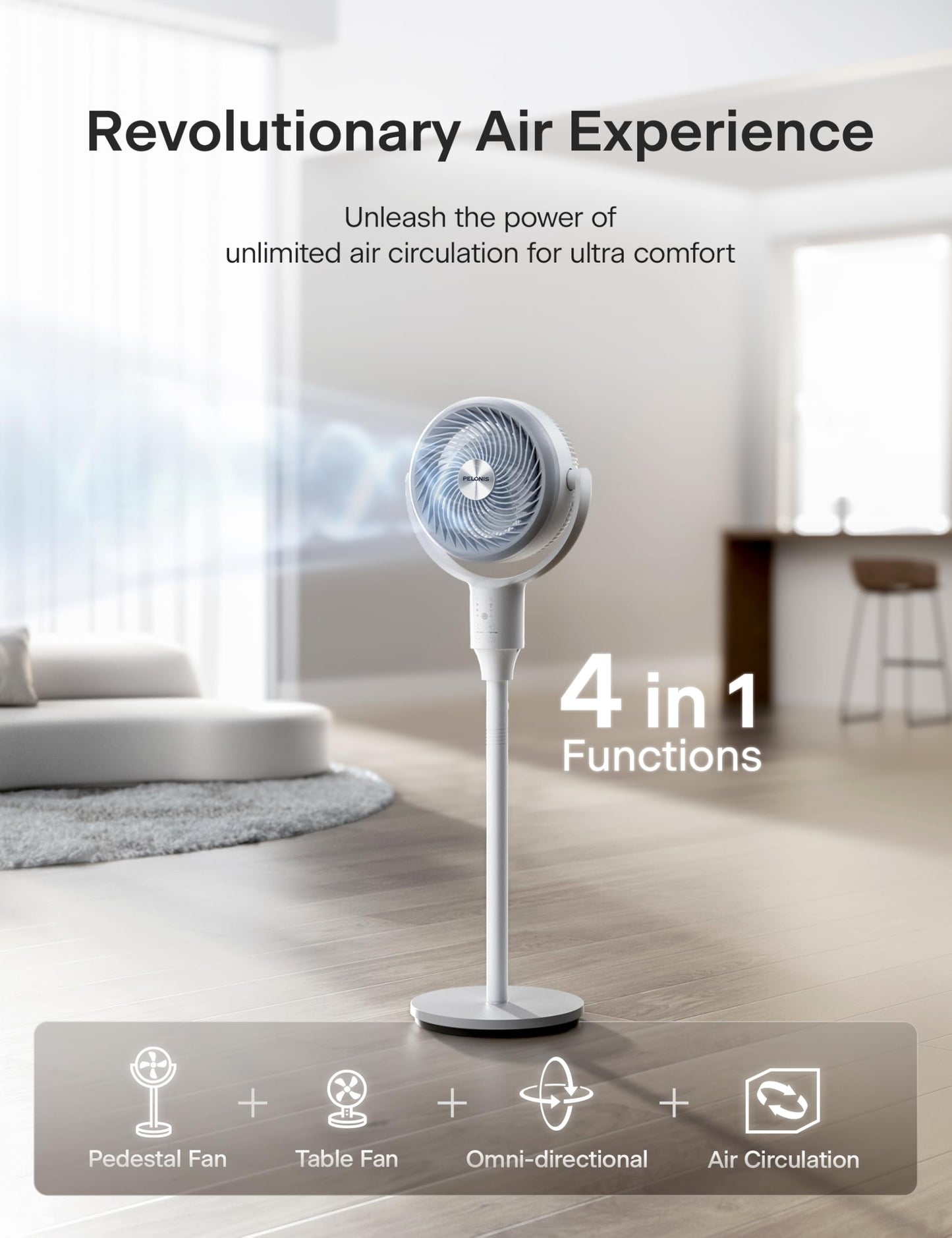 PELONIS Pedestal Fan, Air Circulator, Ultra OmniFlow (135°+90°Auto Oscillation), Quiet Floor Fan with 3 Speeds, Remote, 7H Timer, Memory Function, Adjustable Height, Standing Fan for Bedroom PELONIS