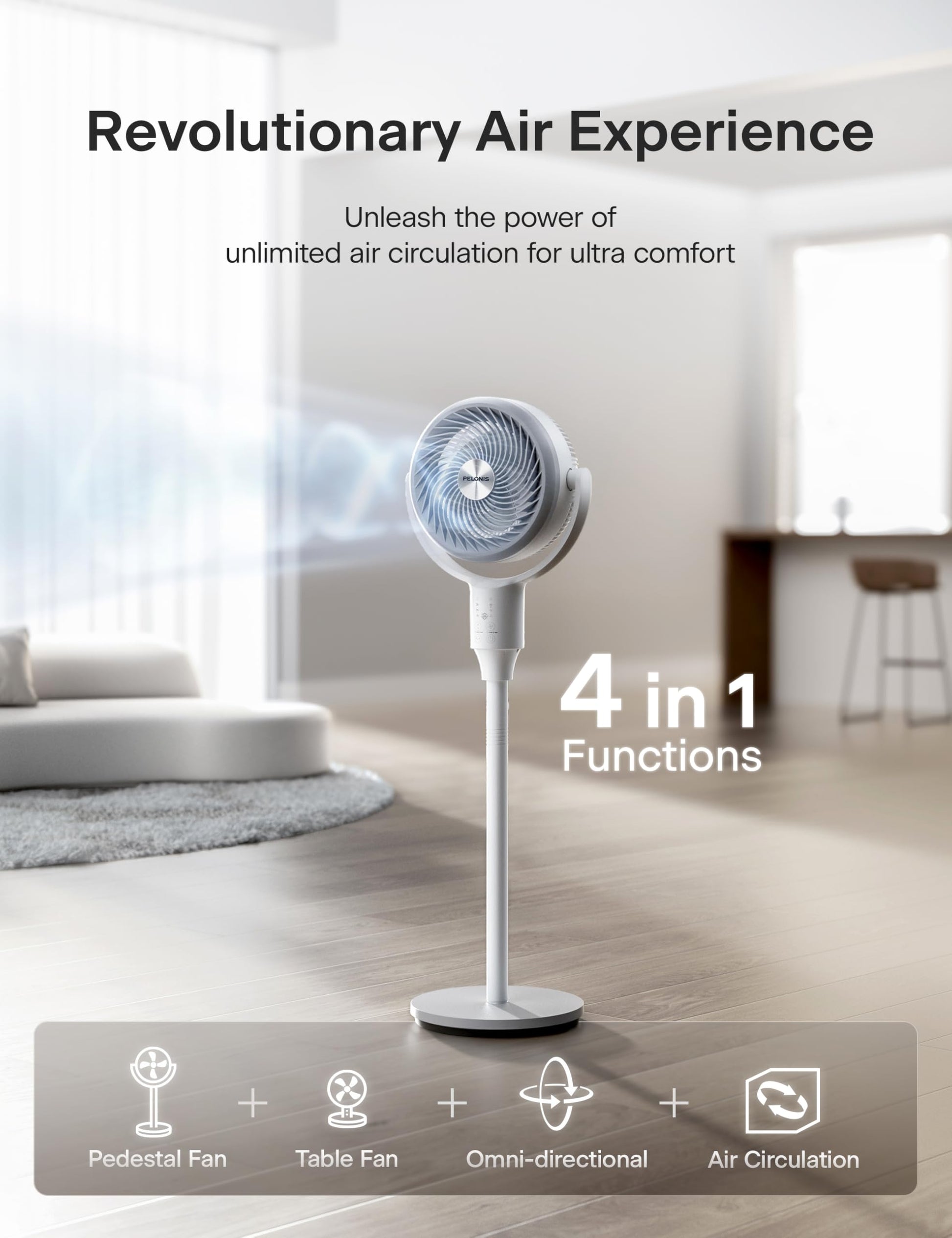 PELONIS Pedestal Fan, Air Circulator, Ultra OmniFlow (135°+90°Auto Oscillation), Quiet Floor Fan with 3 Speeds, Remote, 7H Timer, Memory Function, Adjustable Height, Standing Fan for Bedroom PELONIS