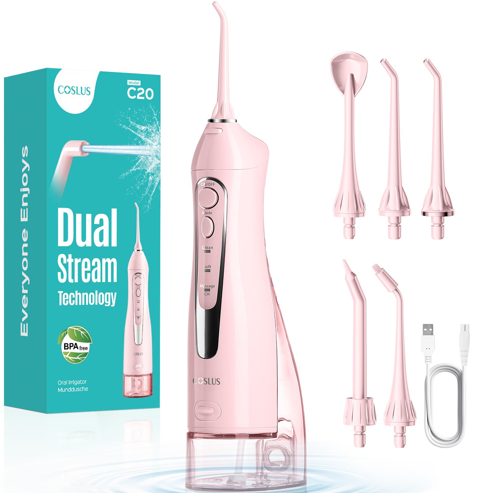 COSLUS Water Teeth Flosser C20 (F5020E): 300ML Electric Water Tooth Floss Cordless Jet Flossers for Teeth Cleaning IPX7 Waterproof Rechargeable Portable Travel Floss Light-Pink