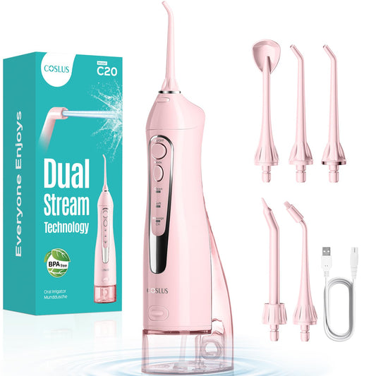 COSLUS Water Teeth Flosser C20 (F5020E): 300ML Electric Water Tooth Floss Cordless Jet Flossers for Teeth Cleaning IPX7 Waterproof Rechargeable Portable Travel Floss Light-Pink