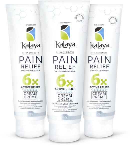 KaLaya 6X Extra Strength Pain Relief Cream with Arnica for Arthritis, Joint, Muscle, Back, Neck, Shoulder, Hand and Knee Pain- Medically formulated with 6 Natural Active, Pain Blocking & Anti inflammatory Ingredients (120g - Pack of 3) - Available at All In One Marketplace Canada