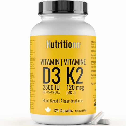 Vitamin D3 K2 Supplement - 2500 IU D3, 120 mcg K2 MK7 x 124 Capsules - Plant-Based, Vegan - Prevents Deficiency, Supports Bone Health in Women and Men - Made in Canada, Third-Party Tested - Nutritionn