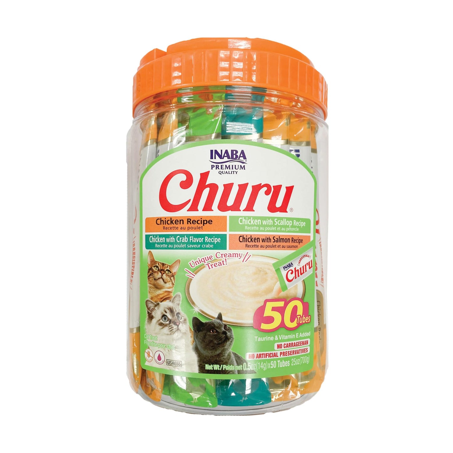 INABA Churu Cat Treats, Lickable, Squeezable Creamy Purée Cat Treat with Green Tea Extract & Taurine, 14 Grams Each Tube, 50 Tubes, Chicken & Seafood Variety