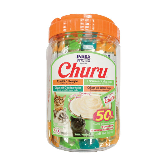 Gâteries Churu pour chats INABA, purée crémeuse à lécher ou à presser pour chats avec extrait de thé vert et taurine, 14 grammes par tube, 50 tubes, variété poulet et fruits de mer 🍁 All In One Marketplace Canada