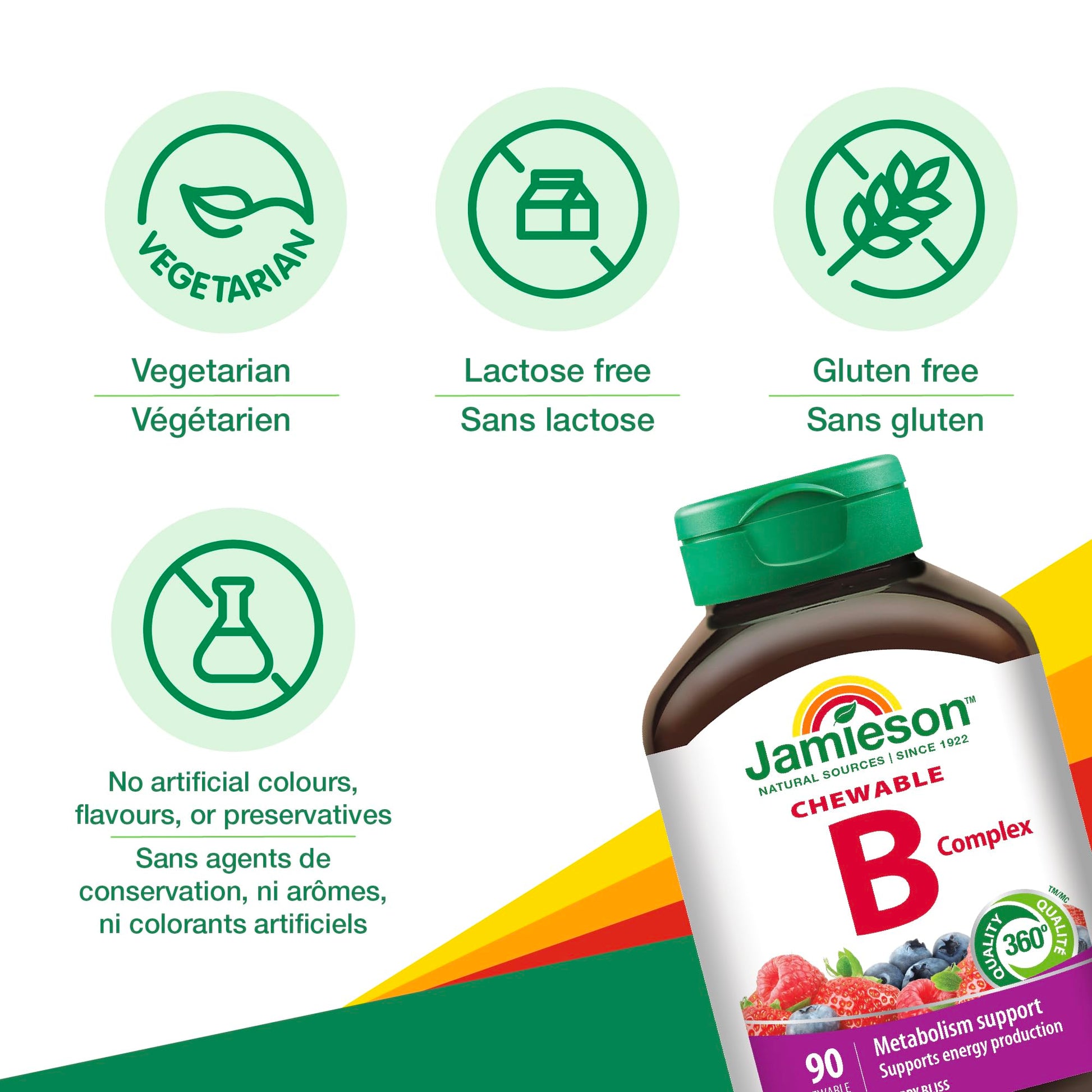 Jamieson Vitamin B Complex, 90 Chewable Tablets, Natural Berry Flavour. Naturally Energizing, Supports Metabolism, Provides Folate. Vegetarian, No Artificial Flavours, Colours or Preservatives - Available at All In One Marketplace Canada