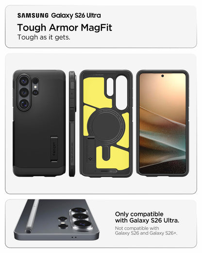 Spigen Case for Galaxy S26 Ultra Case, Full Camera Protection, Built-in Magnetic Ring, Drop Protection, Tough Armor MagFit Designed for Samsung Galaxy S26 Ultra - Black