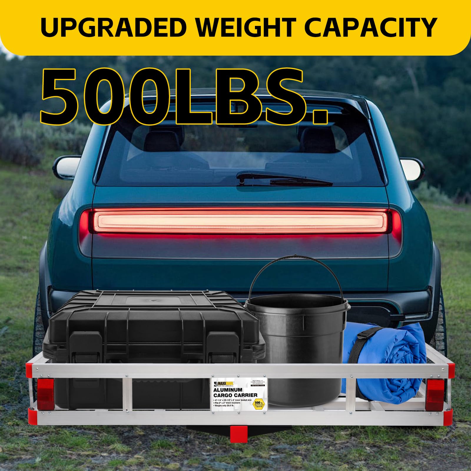 MaxxHaul 70108 49 Inch x 22.5 Inch Hitch Cargo Carrier - Trailer Hitch Mount Aluminum Cargo Carrier With High Side Rails For RV's, Trucks, SUV's, Vans, Cars With 2 Inch Hitch Receiver - 500-lb Load Capacity , Grey MAXXHAUL