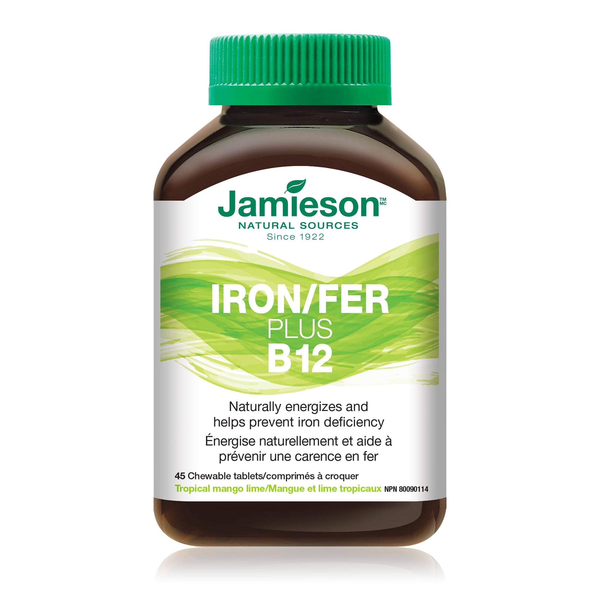 Jamieson Chewable Iron 18 mg Plus Vitamin B12 1,000 mcg Tropical Mango Lime Flavour, Helps Prevent Iron Deficiency, and Supports Natural Energy. Vegetarian, Gluten-Free, No Artificial Colours, Flavours, or Preservatives, 45 Chewable Tablets - Available at All In One Marketplace Canada