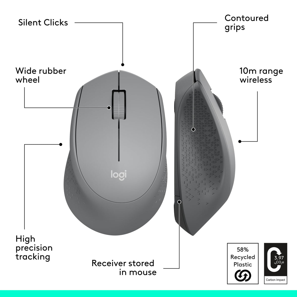Logitech M330 Silent Plus Full Size 2.4 GHz Wireless Mouse - Grey