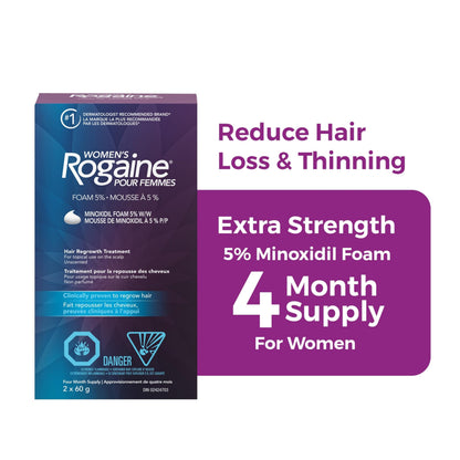 Rogaine Women's Hair Loss & Thinning Treatment, 5% Minoxidil Foam, 2 Month Supply 1x60g - Available at All In One Marketplace Canada