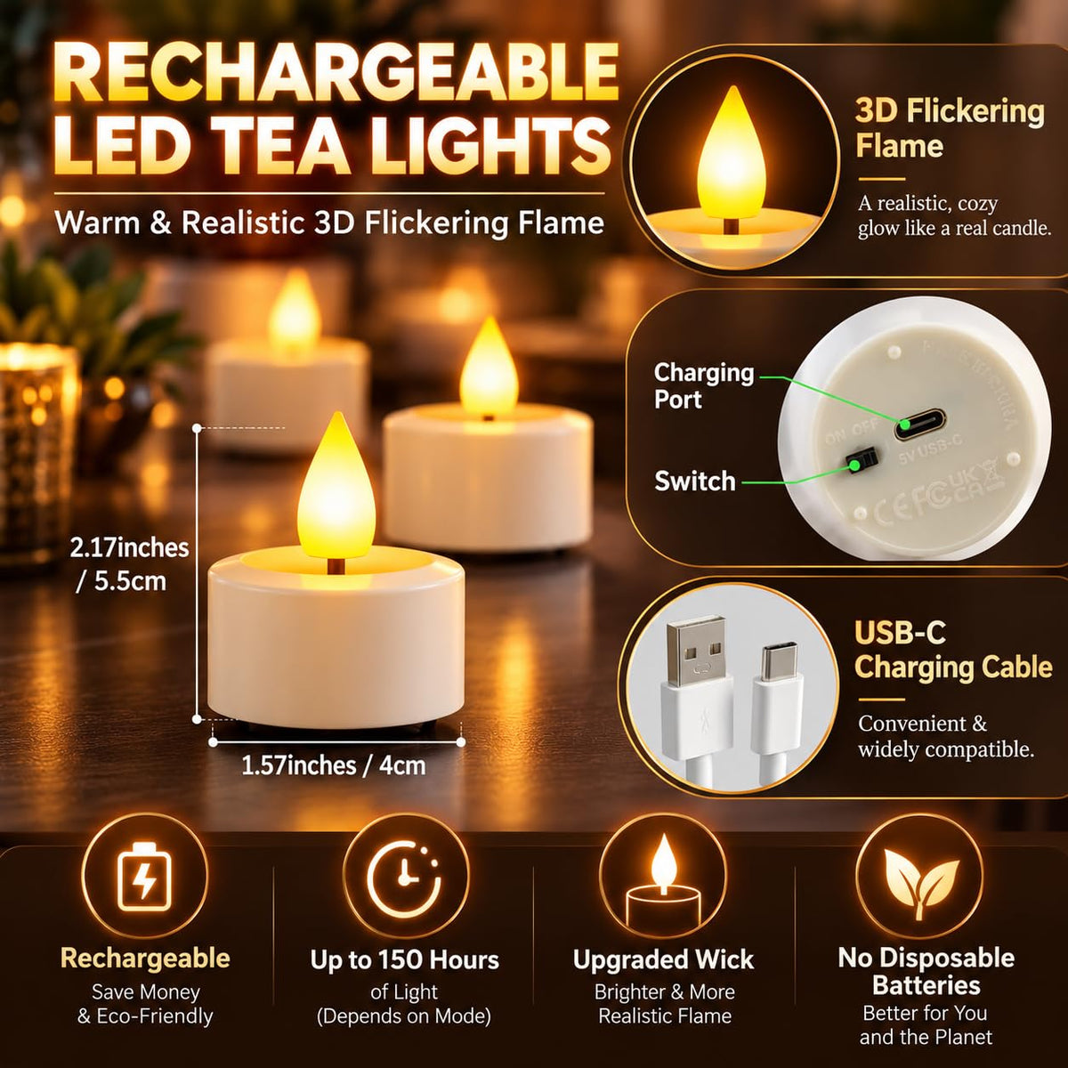 SoulBay Rechargeable Tea Lights with Remote, 12pcs Flameless Flickering LED Candles with Timer & Charging Cable, No Battery Needed, for Home Lantern Table Party Holiday Decorations 🍁 All In One Marketplace Canada