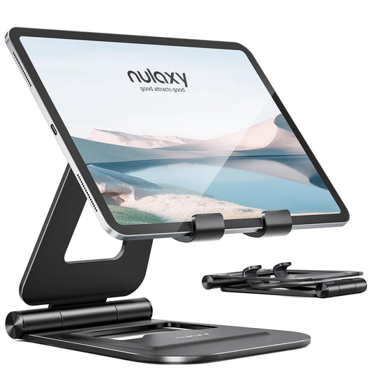 Nulaxy Aluminum Dual Foldable iPad Stand, Fully Adjustable Desktop Tablet Holder, iPad Accessories Office Compatible with 4-11" Mobile Devices Kindle, iPad Pro/Air/Mini, iPhone Pro/Max/Plus, Black