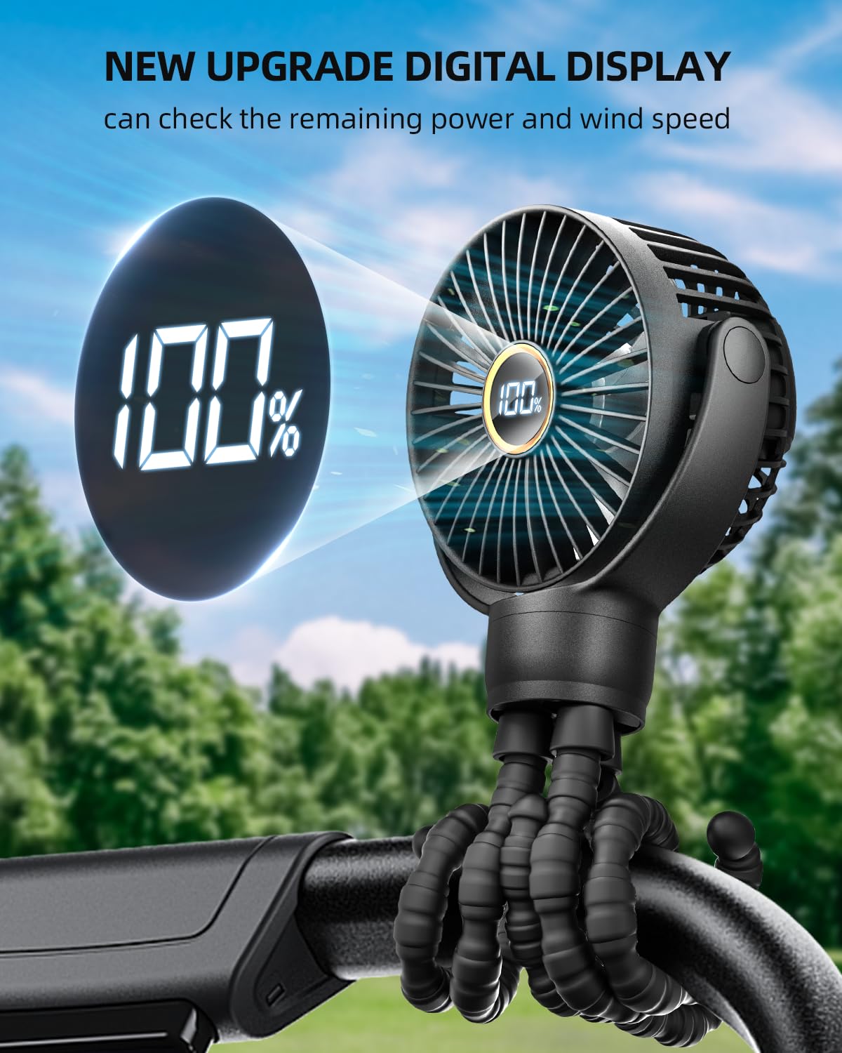 Portable Stroller Fan, Mini Baby Fan Clip on Fan, LED Display, 360° Rotate Flexible Tripod, Rechargeable Small Personal Handheld Fan Cooling Desk Fan for Car Seat Crib Treadmill Travel