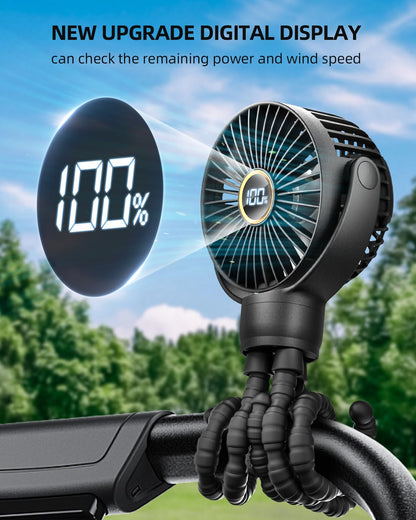 Portable Stroller Fan, Mini Baby Fan Clip on Fan, LED Display, 360° Rotate Flexible Tripod, Rechargeable Small Personal Handheld Fan Cooling Desk Fan for Car Seat Crib Treadmill Travel
