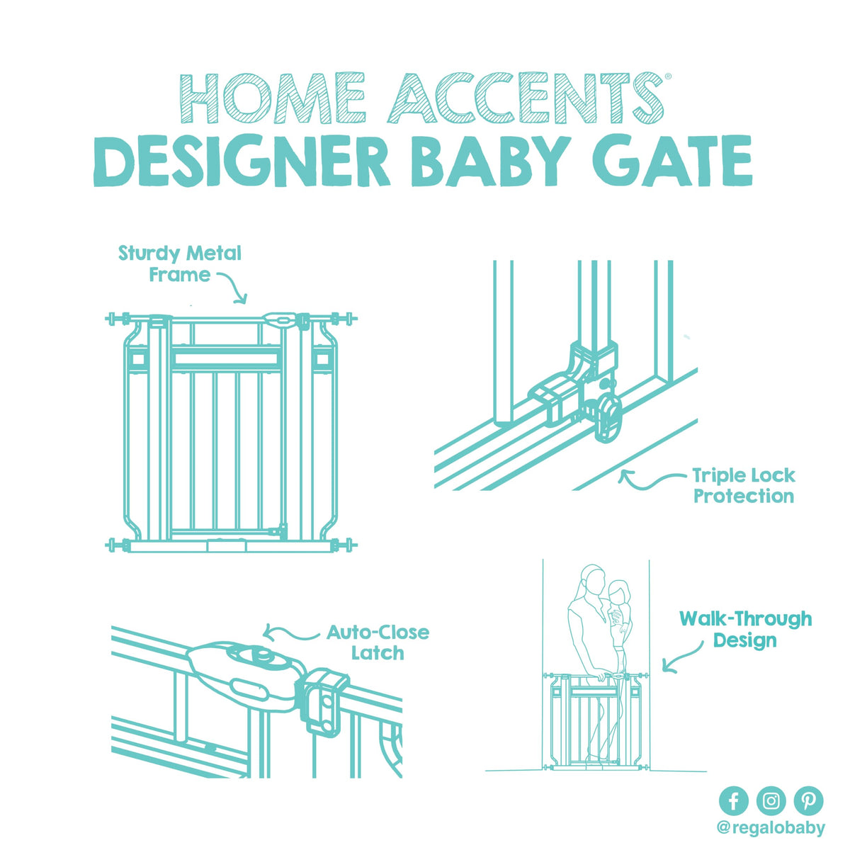 Regalo Home Accents Extra Wide Walk Thru Baby Gate, Includes Décor Hardwood, 4-Inch Extension Kit, 4-Inch Extension Kit, 4 Pack of Pressure Mount Kit and 4 Pack of Wall Cups and Mounting Ki