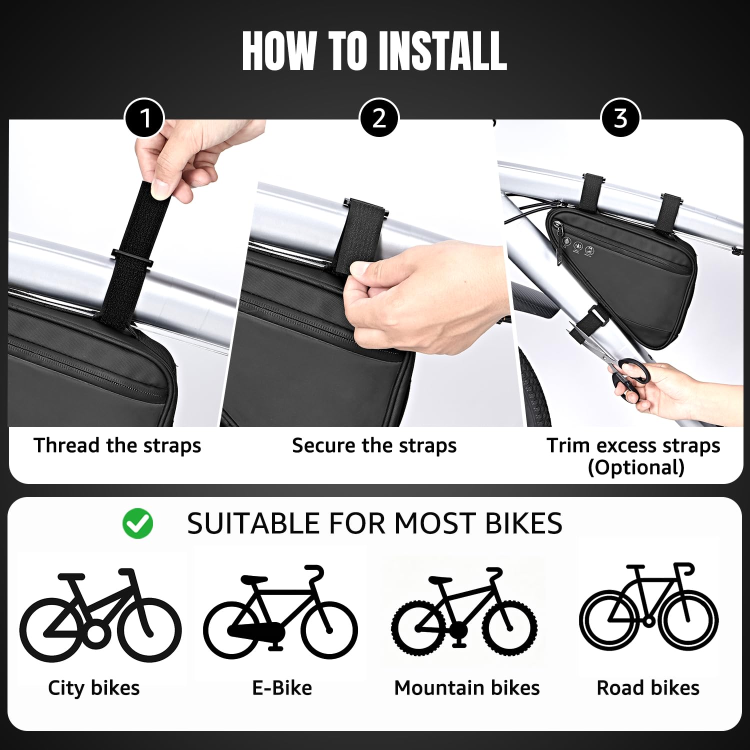WOTOW Bike Frame Storage Bag, Water Resistant Cycling Reflective Triangle Handlebar Top Tube Bag Under Seat Pouch Strap-On Adjustable Install Position Tool Accessories Pack for Mountain Road Bike - Available at All In One Marketplace Canada