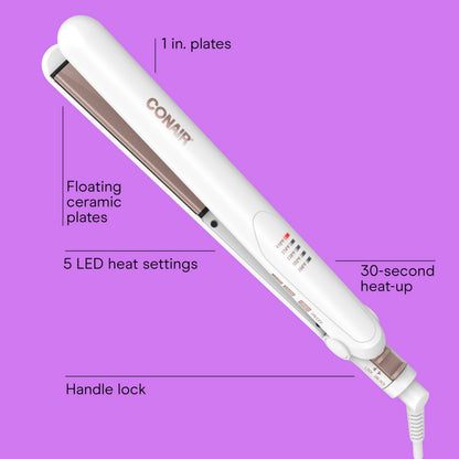 Conair Double Ceramic Hair Straightener Flat Iron with 1 Inch Floating Plates 5 Heat Settings up to 410°F Professional Styling Tool for Frizz-Free Straight Hair - Available at All In One Marketplace Canada