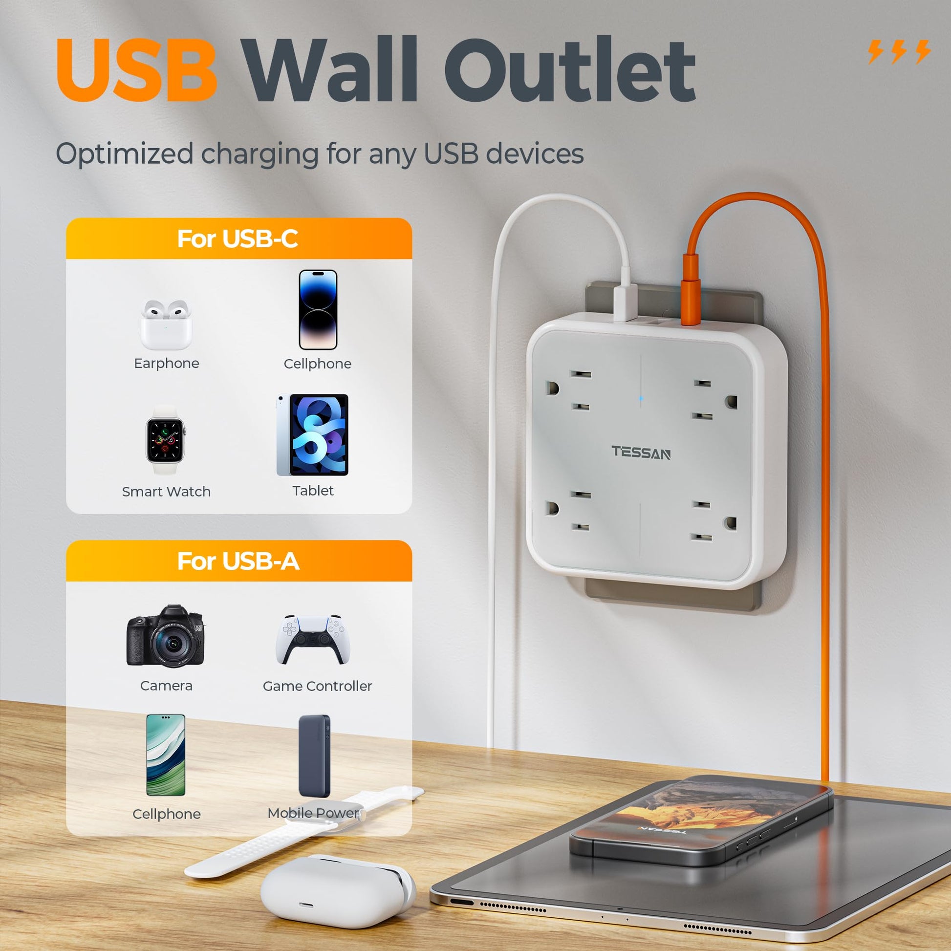 Wall Outlet Extender, TESSAN 4 Multi Plug Outlet Splitter with 1 USB C and 2 USB A Charging Ports, Multiple Plug Extension Block with Surge Protector for Home, Kitchen, Office, Dorm, Gray - Available at All In One Marketplace Canada