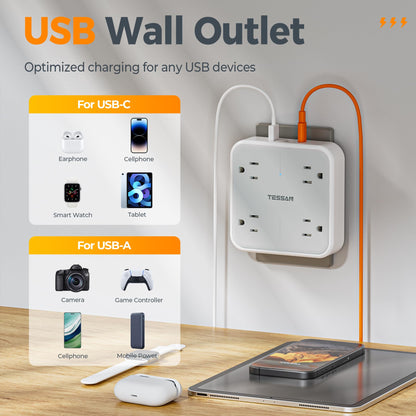 Wall Outlet Extender, TESSAN 4 Multi Plug Outlet Splitter with 1 USB C and 2 USB A Charging Ports, Multiple Plug Extension Block with Surge Protector for Home, Kitchen, Office, Dorm, Gray - Available at All In One Marketplace Canada