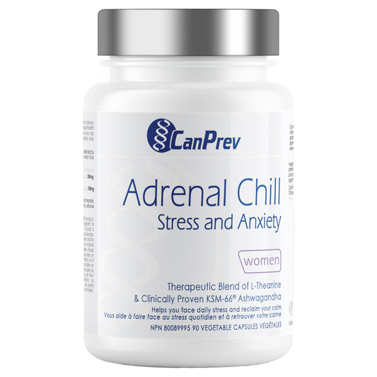 CanPrev Adrenal Chill Women, 90 Veg Capsules, 45-Day Supply with 300mg KSM-66 Ashwagandha & L-Theanine for Calm Focus & Relaxation, Non-GMO, Made in Canada - Available at All In One Marketplace Canada