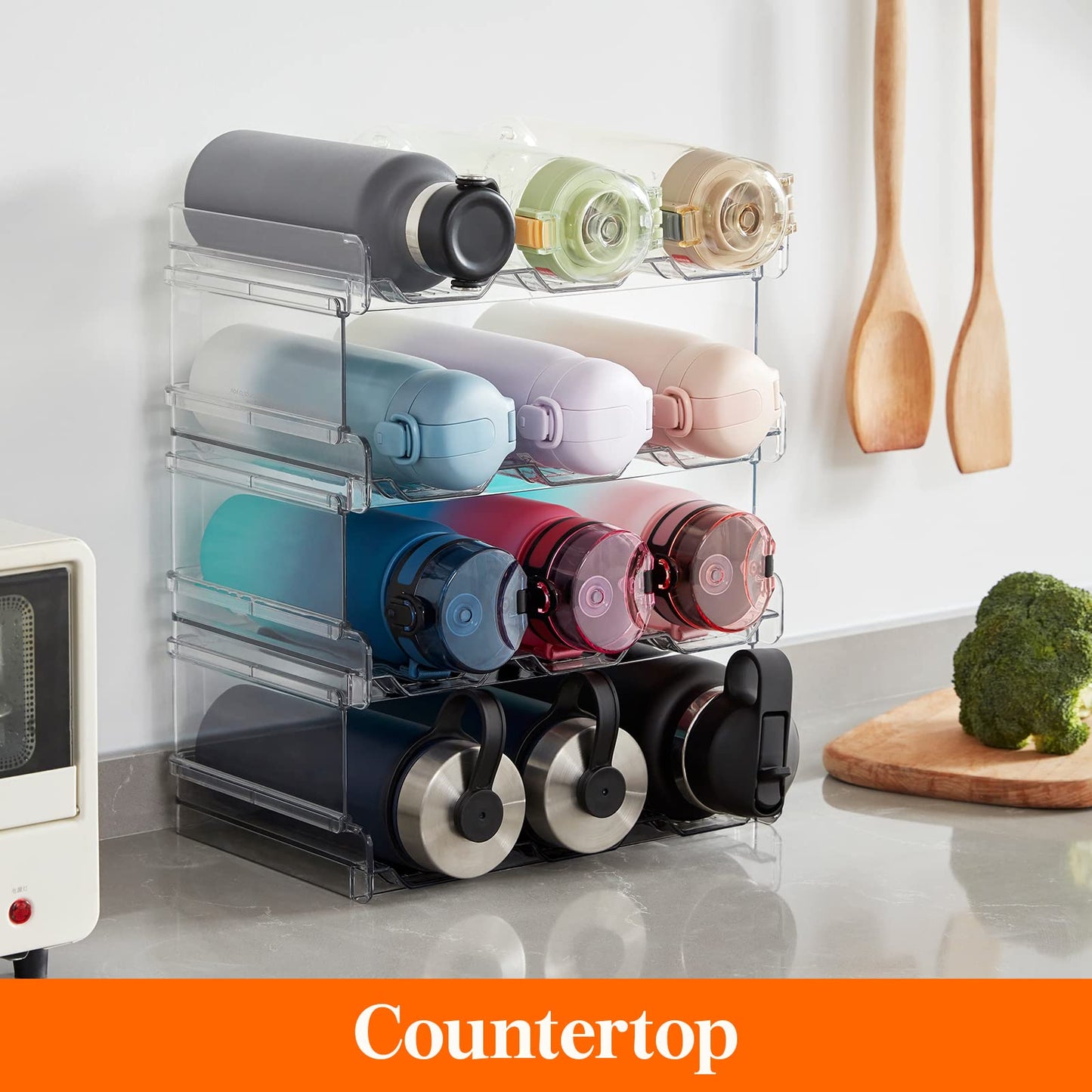 Lifewit Stackable Water Bottle Organizer for Cabinet, Freezer, Pantry - Plastic Cup Holder, Wine Racks for Kitchen Tabletop Storage, Cupboard, Office - Pack of 4, Each Rack Holds 3 Containers - Available at All In One Marketplace Canada
