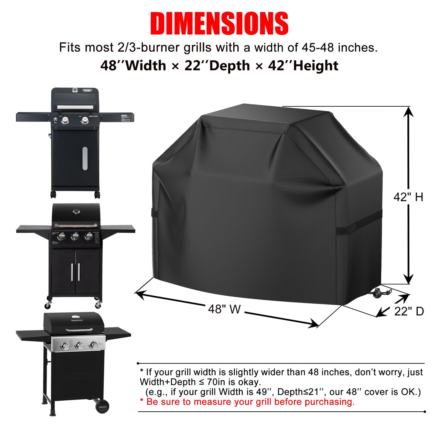 Grill Cover, 48 inch BBQ Gas Grill Cover Waterproof Weather Resistant, UV and Fade Resistant, UV Resistant Material for Weber Char-Broil Nexgrill Grills and More, Black
