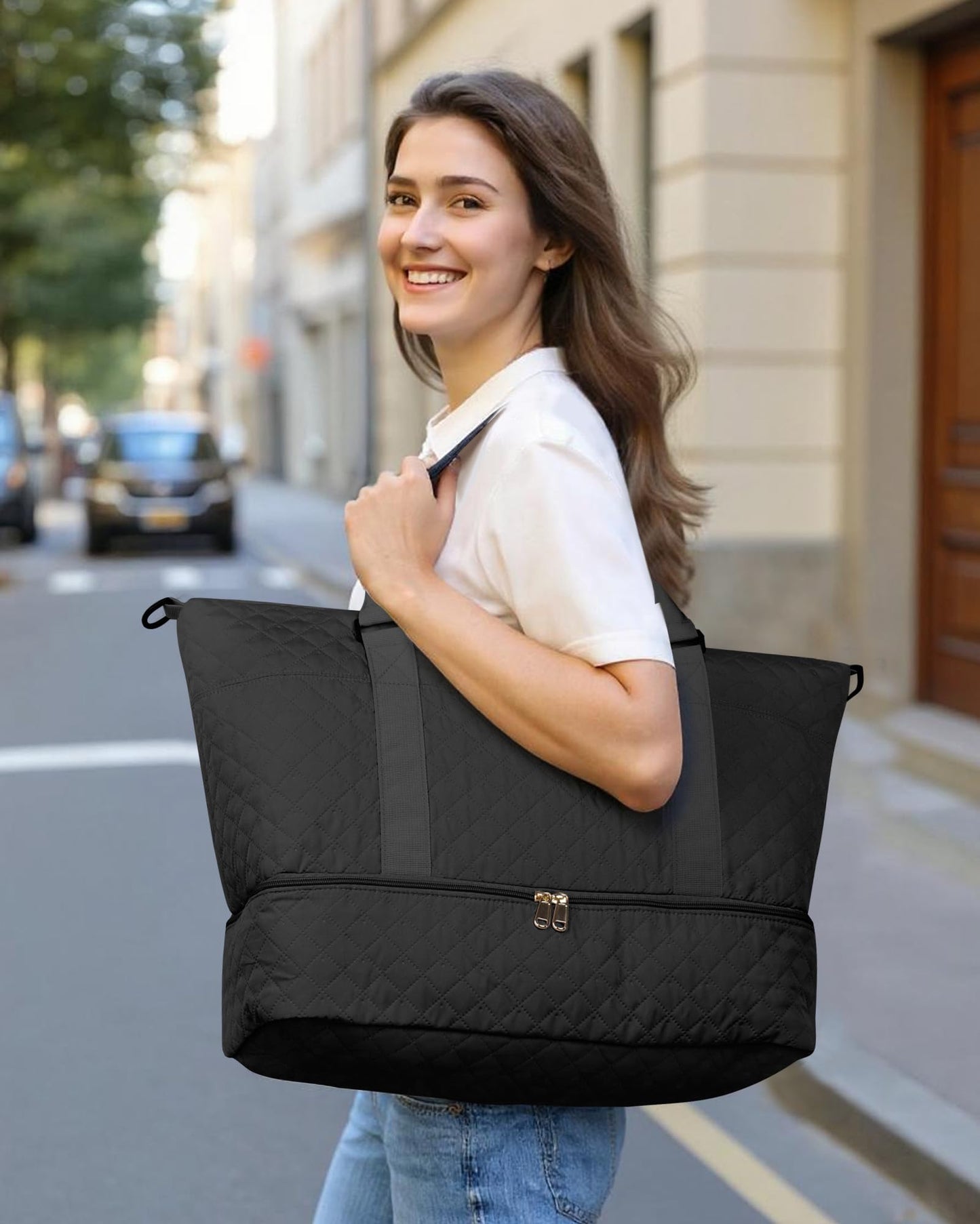 HOTOR Travel Duffel Bag - Large Weekender Bags for Women, Carry On Bag with Shoe Compartment, Overnight Bag with Toiletry Bag for Travel Essentials and Travel Accessories, Black, 34.0 x 45.0 x 20.0 cm - Available at All In One Marketplace Canada