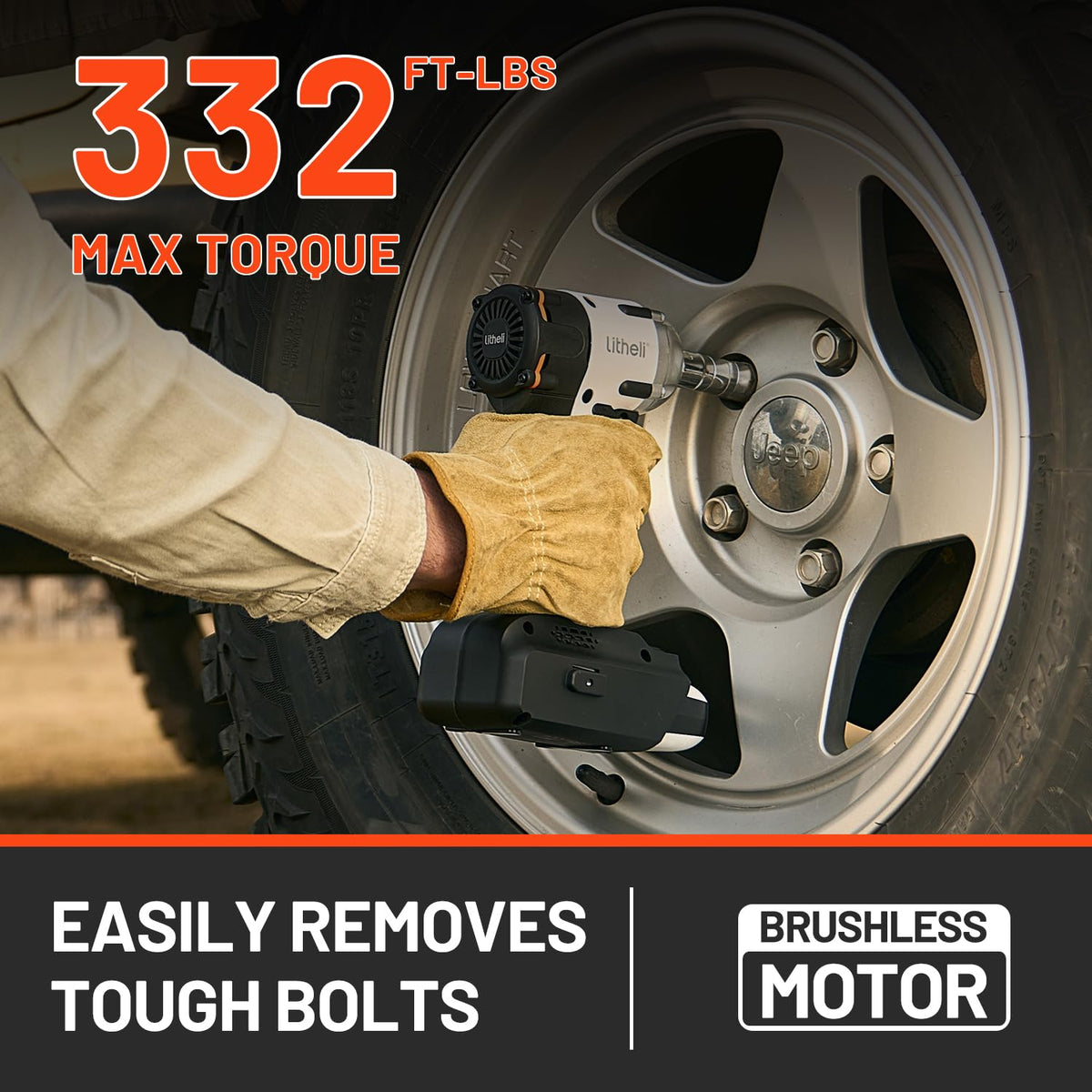 Litheli 20V Brushless Impact Wrench 1/2 inch, Max 330Ft-lbs (450N.m) High Torque Impact Gun, 2500RPM Variable Speed, 2.5Ah Battery for Car Tires, Heavy Duty Bolts & Home DIY (Charger Not Included)